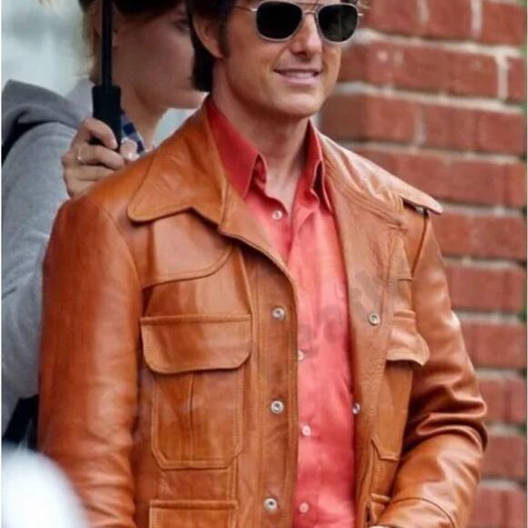 Vintage 1970s Camel Brown Leather Jacket Pointed Collar Men’s size 44 - Picture 1 of 13